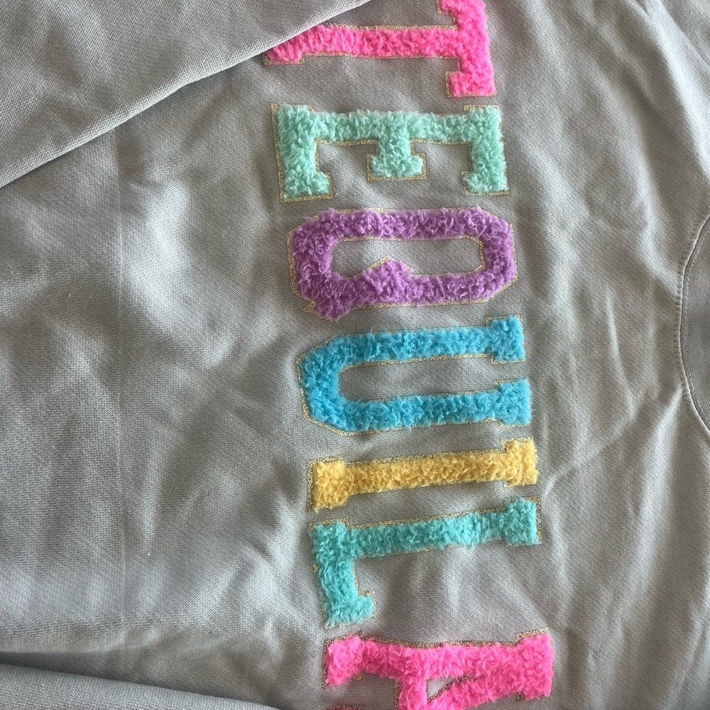 Gray Sweatshirt with Colorful Lettering